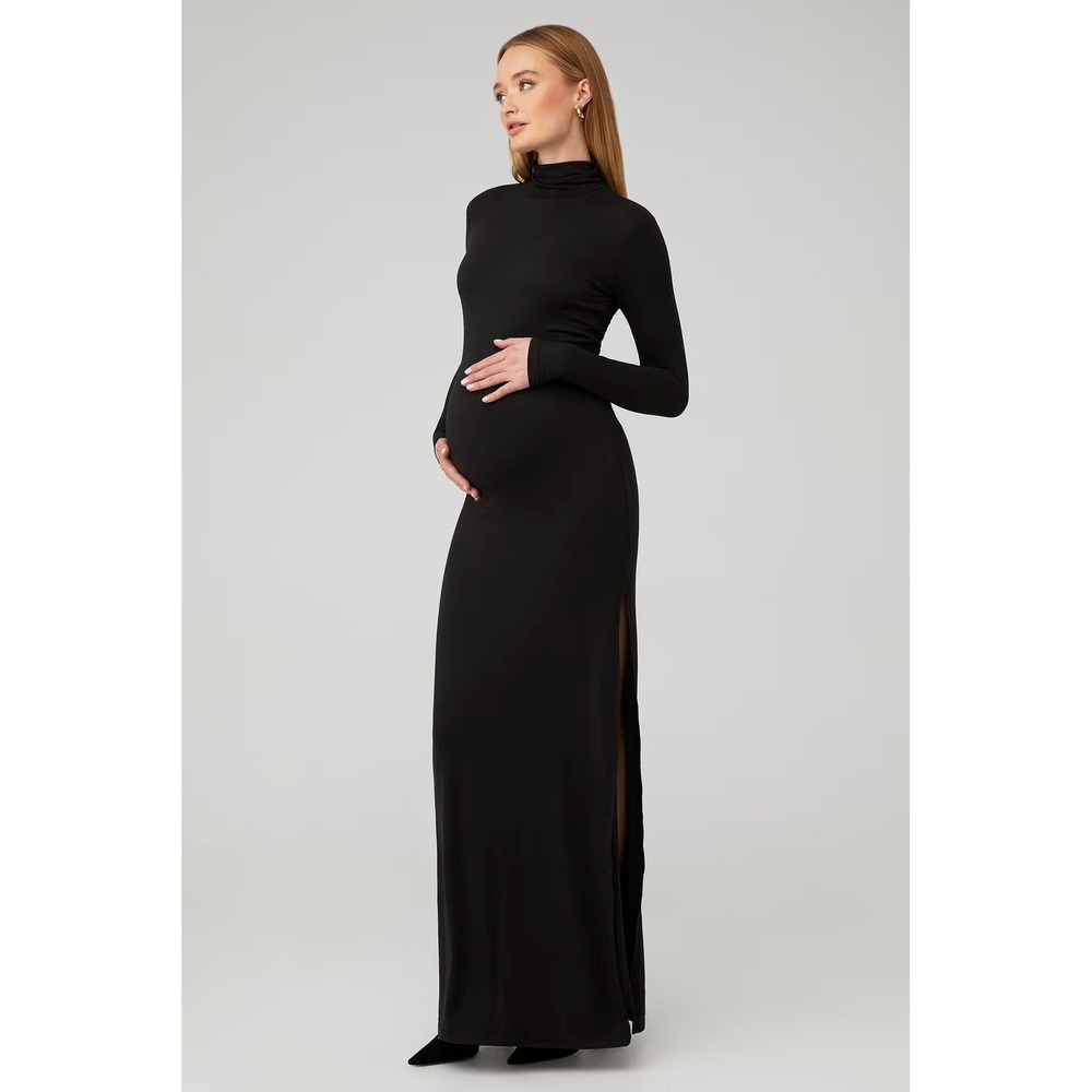 Bumpsuit Maxi Dress Womens OS Black Excellent Turtleneck Long Sleeve‎ Side Slit